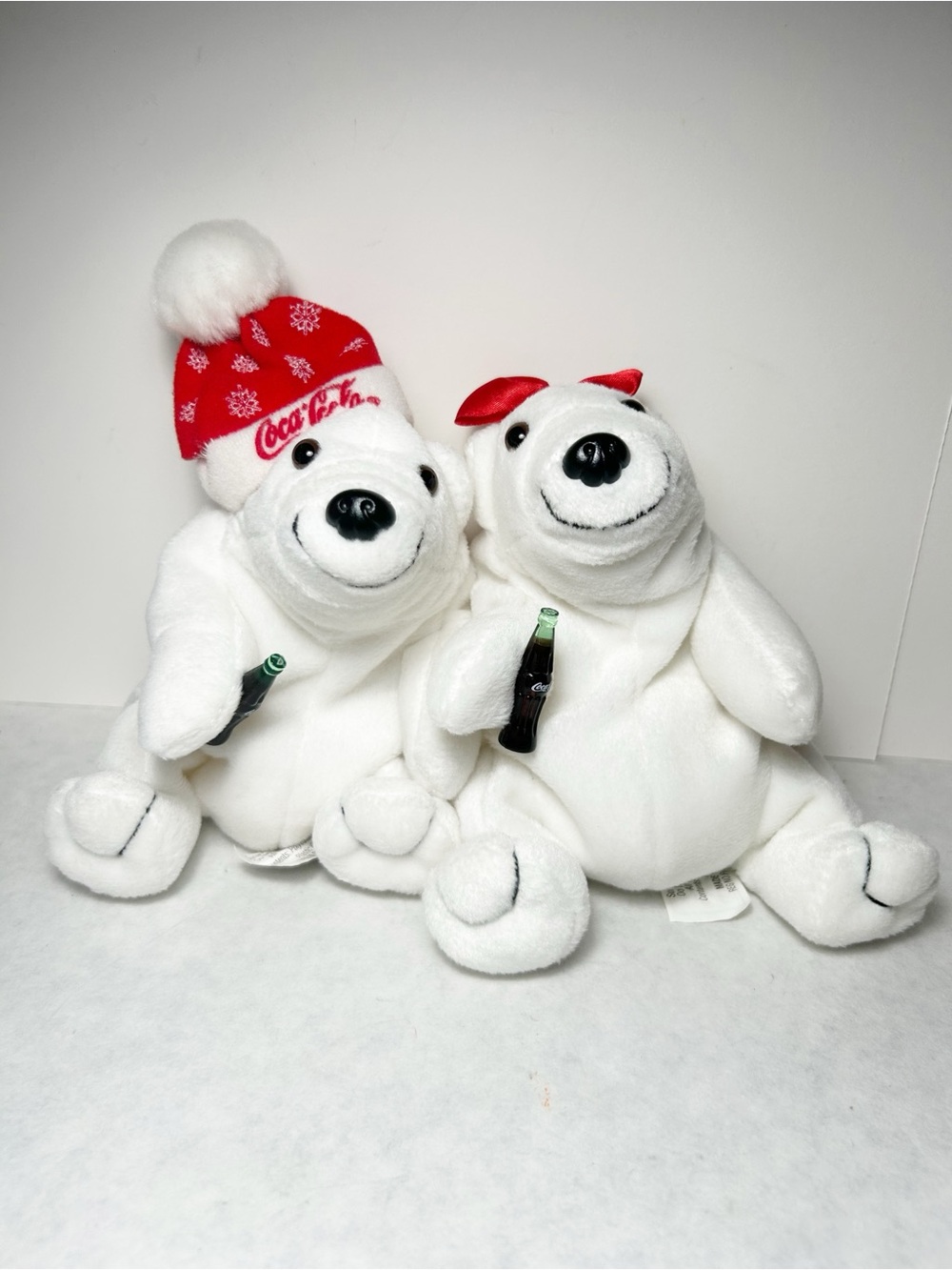 1997 Coca-Cola White Polar Bear Pair with Red Hat and Bow, Vintage, Collectible
